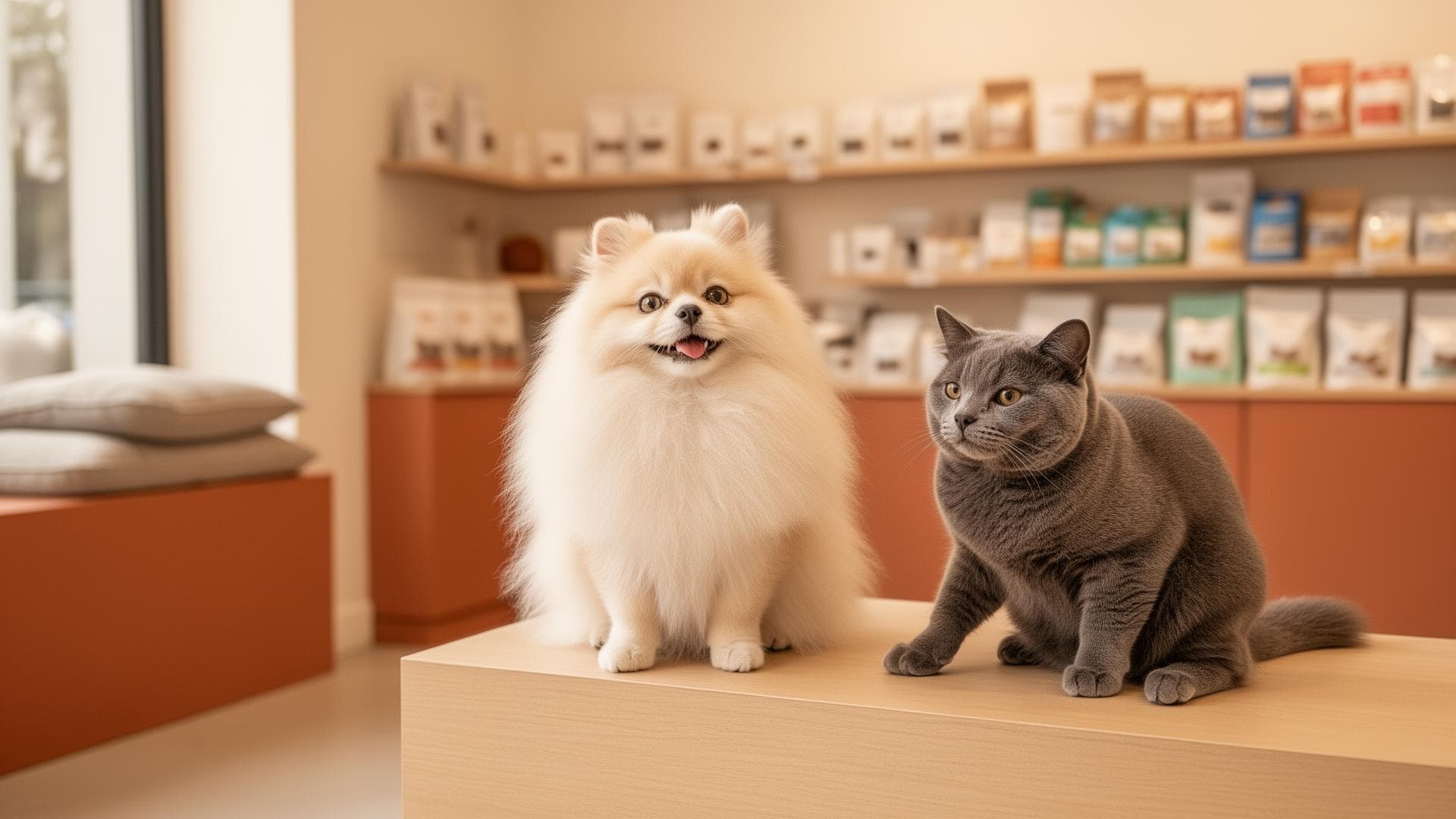 A fluffy pomeranian and gray cat at Paw Manor